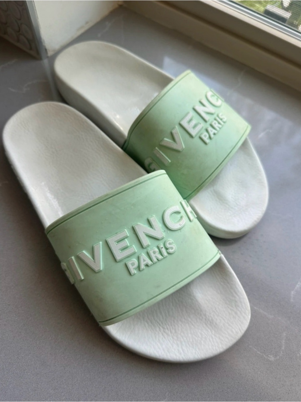 Givenchy Mint Green and White Embossed Logo Slide Sandals Size 40 US9